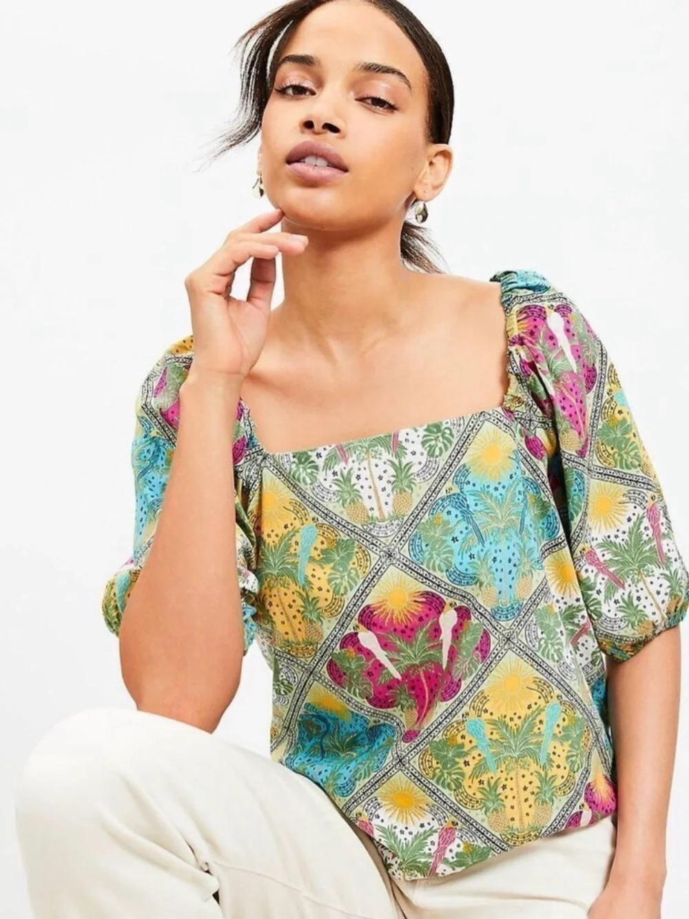 LOFT Multi-Color Floral Square-Neck Blouse